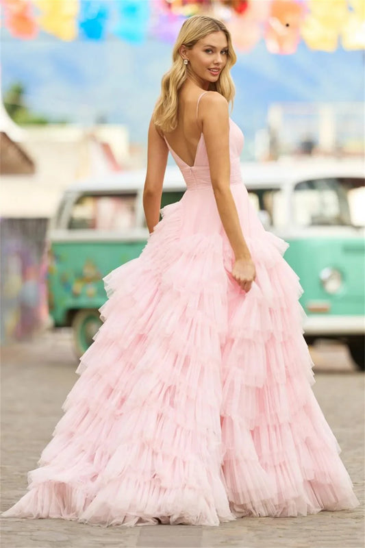 Pink Tulle Fringe Layered Maxi Dress