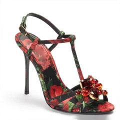 Floral print stiletto heels with rhinestone embellishment