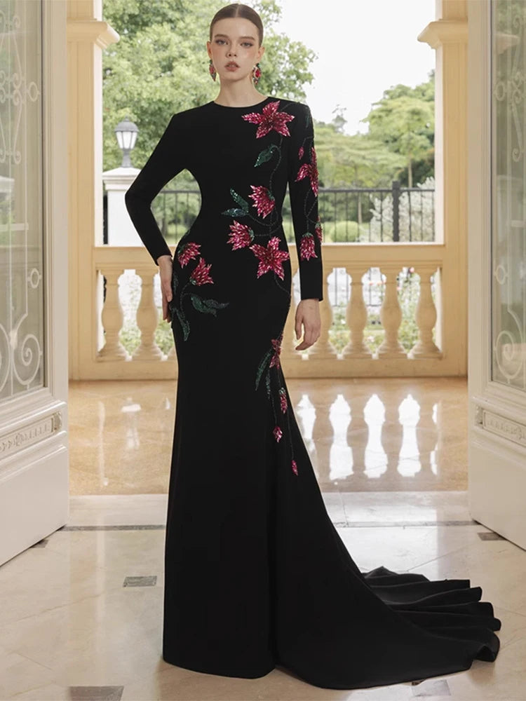 Black long sleeve gown with pink floral beading