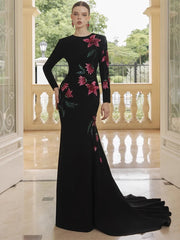 Black long sleeve gown with pink floral beading