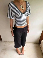 V-Neck Striped Knit Cropped Top with Dolman Sleeves
