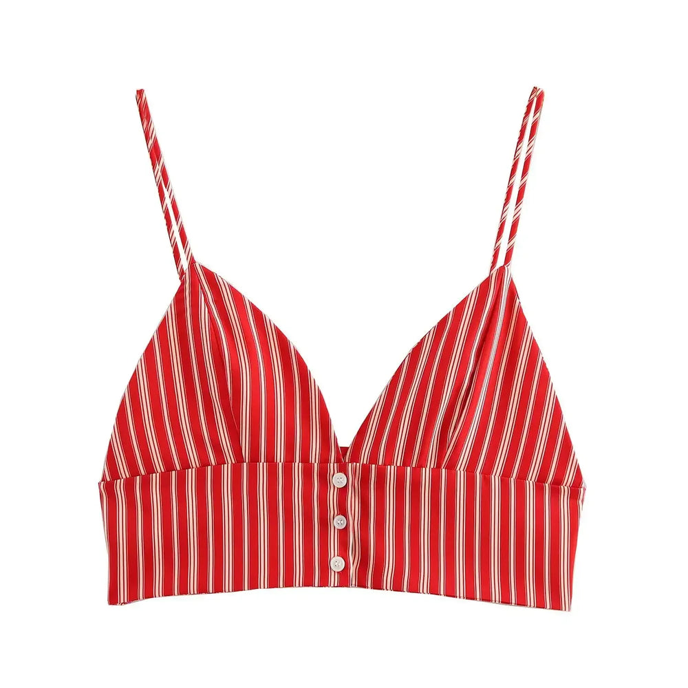 Red and white striped bikini top on a white background