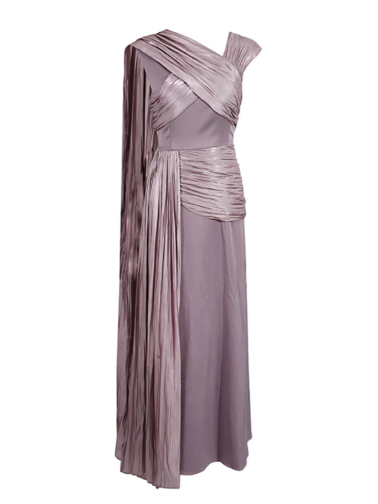 Mauve one-shoulder evening gown with draped design