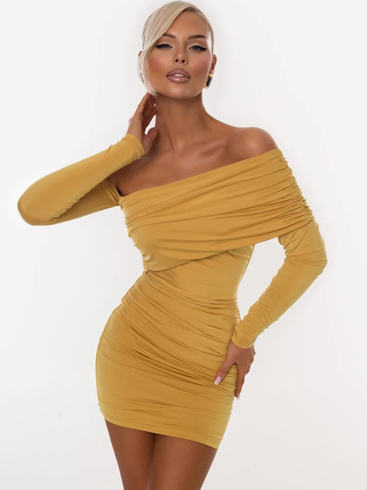 Yellow one shoulder ruched mini dress