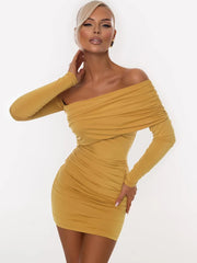 Yellow one shoulder ruched mini dress