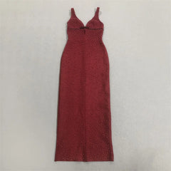 Flat lay of a sleeveless red formal gown with pearl embellishments