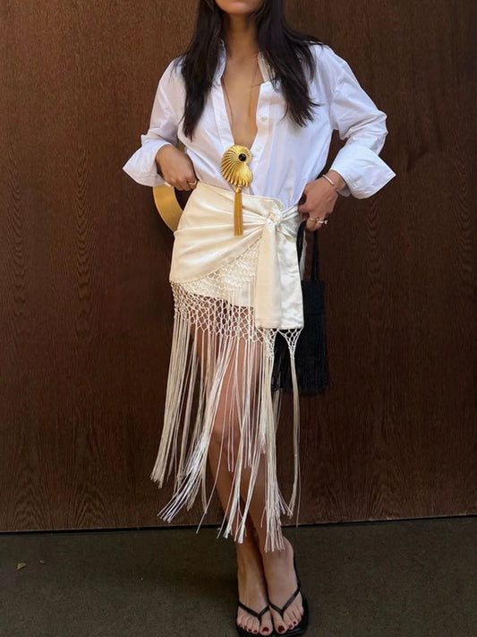 Tassel fringe satin midi skirt