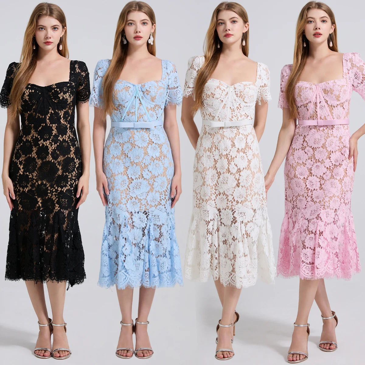 Four women wearing lace dresses in black, blue, white, and pink on a white background.