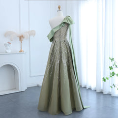 One Shoulder Olive Green Cape Sleeves Side Slit Gown