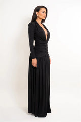 Long Sleeve Deep Neck Ruched Shimmering Slit Maxi Dress