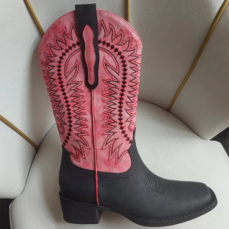 Embroidered square toe block heel boots detail
