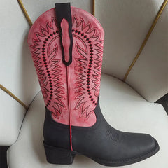 Embroidered square toe block heel boots detail