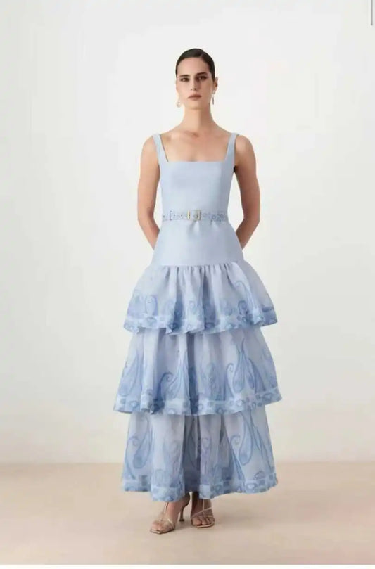 Paisley Square Neck Belted Maxi Dress on model