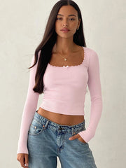 Square neck lace trim crop top on model