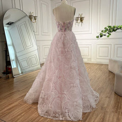 Pink strapless floral prom gown with beaded bodice and tulle court train
