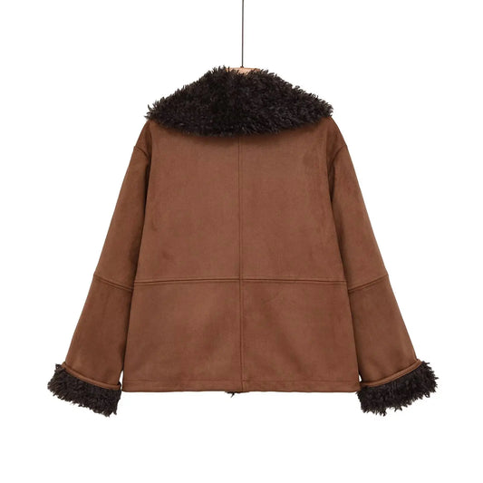 Shearling trim faux suede jacket back view