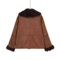 Shearling trim faux suede jacket back view