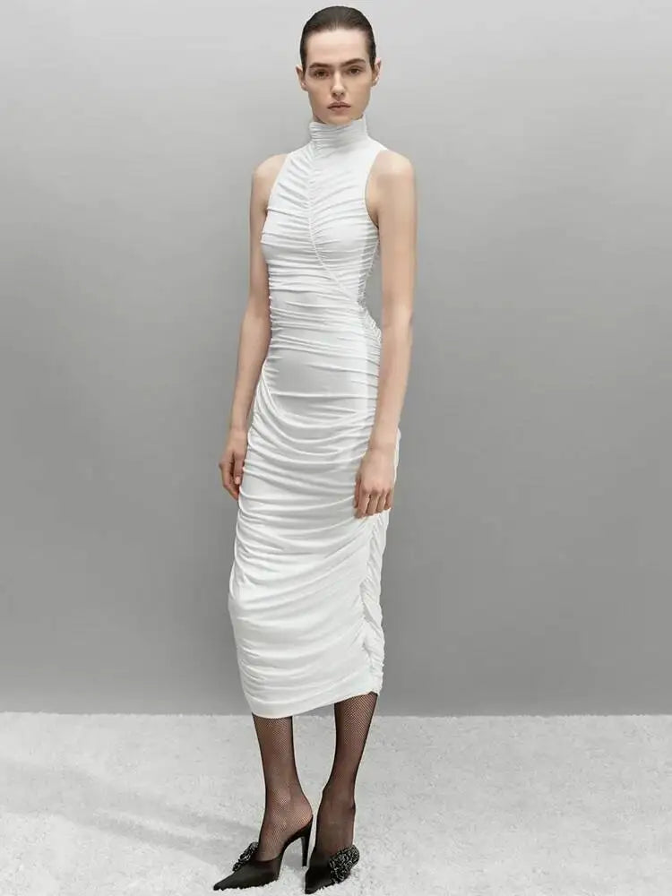 Ruched Turtleneck Sleeveless Midi Dress