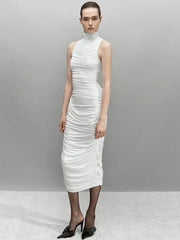 Ruched Turtleneck Sleeveless Midi Dress