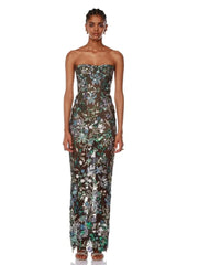 Strapless Floral Sequin Mesh Column Gown