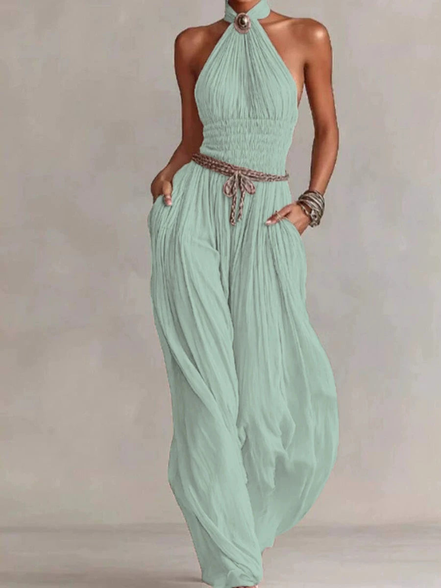 Mint green halter wide leg top and pants set