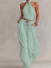 Mint green halter wide leg top and pants set