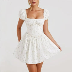 Flower Bow Corset Lacing up Back Puff Sleeve Mini Dress