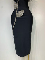 Turtleneck Sleeveless Diamond and Feather Embellished Midi Dress