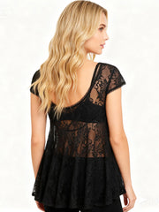 Lace Mesh Short Sleeve Round Neck T-Shirt