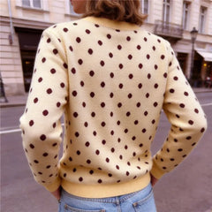 Yellow Polka Dot Knit Round Neck Cardigan