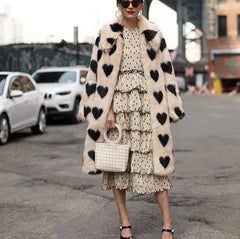 Love Heart Pattern Faux Fur Long Jacket