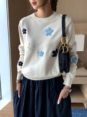 Floral Emobroidery Elegant O Neck Knitted Pullover