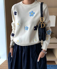 Floral Embroidery Sweater O Neck Knitted Pullover