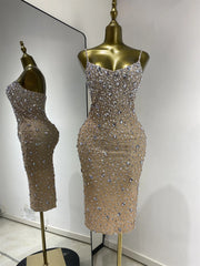 Crystal embellished spaghetti strap knee length dress detail