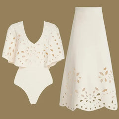 Ruffled Floral Print One-Piece Swimsuit and Maxi Skirt Set