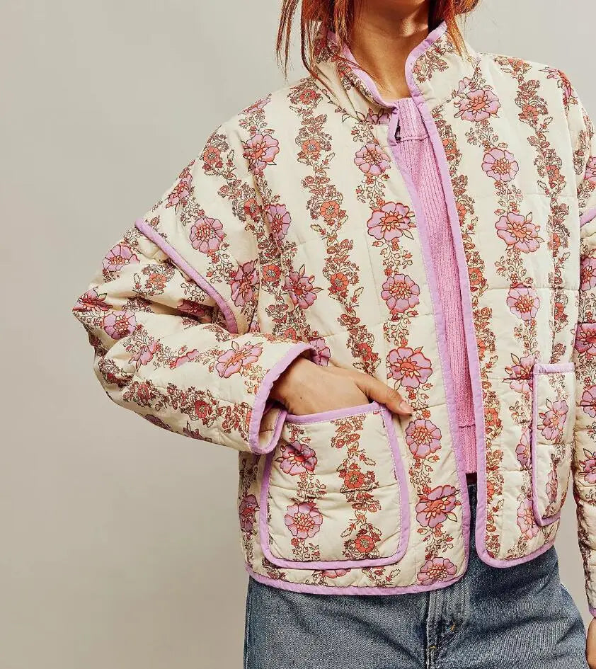 Floral quilted cropped jacket with pink piping