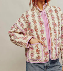Floral quilted cropped jacket with pink piping