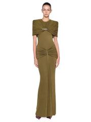 Draped O-Neck Metal Pin Ruched Waist Maxi Dress