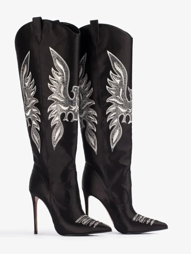 Black embroidered pointed stiletto cowboy boots