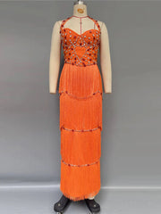 Beaded Halter Neck Fringe Maxi Dress