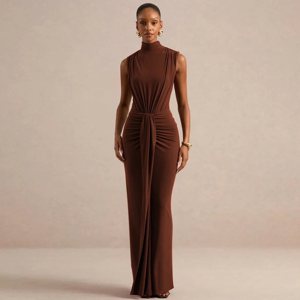 Brown mock neck sleeveless maxi dress with ruched waist front view