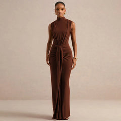 Brown mock neck sleeveless maxi dress with ruched waist front view