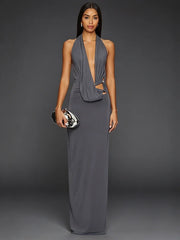 Halter Neck Cutout Buckle Detail Maxi Dress