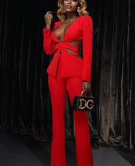 Red Cut Out Blazer And Trousers Set Golden Atelier 4