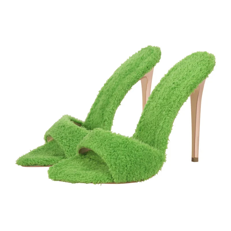 Green fluffy pointed toe stiletto heels