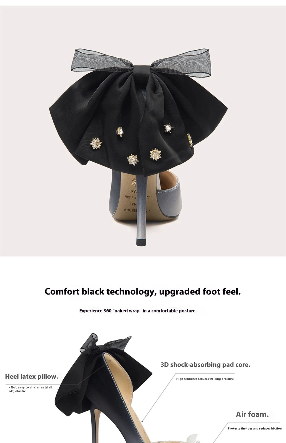 Black shoe with bow and heel support on a white background