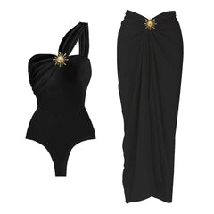 One-Shoulder Draped Bodysuit and Wrap Skirt Set