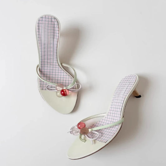 Beaded bow kitten heel mule with gingham footbed