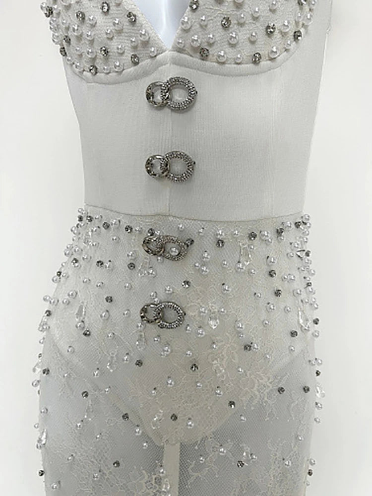 Close-up of beaded lace corset details