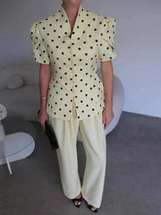 Polka Dot Puff Sleeve Mock Collar Top